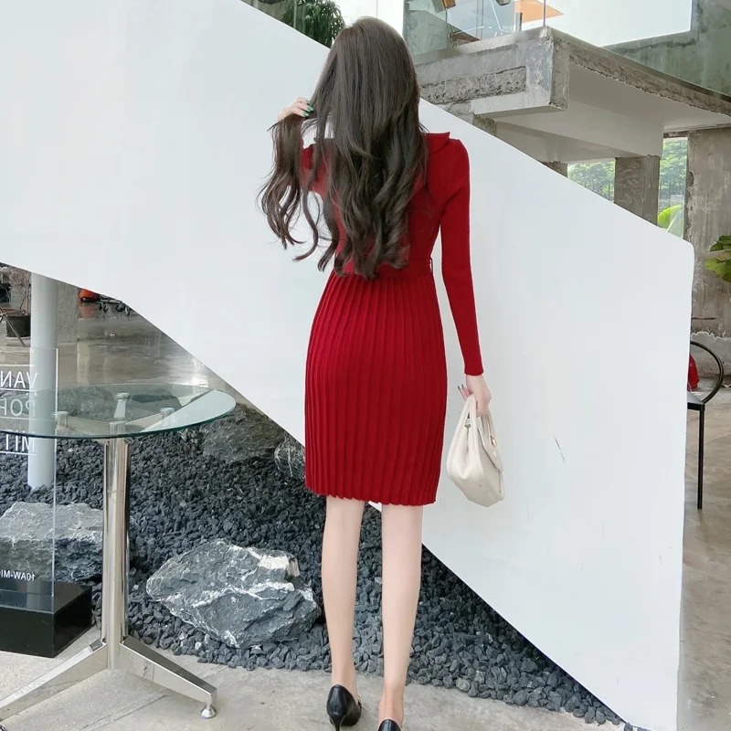 Anteef Knitted Vintage Pleated Midi Dress for Women | Long Sleeve Casual Spring Autumn Sweater Dress - Image 6