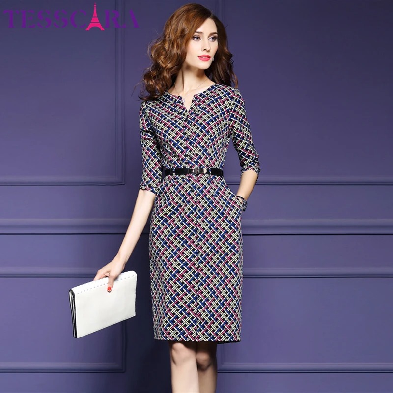 TESSCARA Plaid Pencil Dress for Women | Elegant Autumn Office Work Wear Retro Dress - Image 5