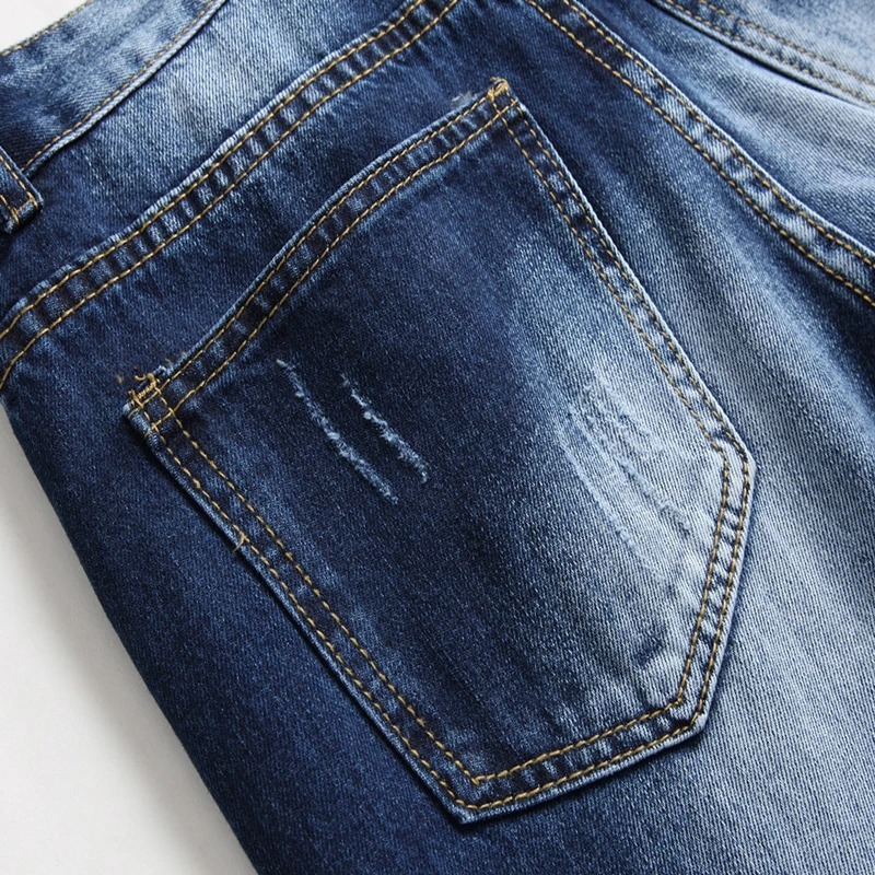Men Summer Trend Straight Jeans Thin Blue Printed Casual Elastic Denim - Image 4