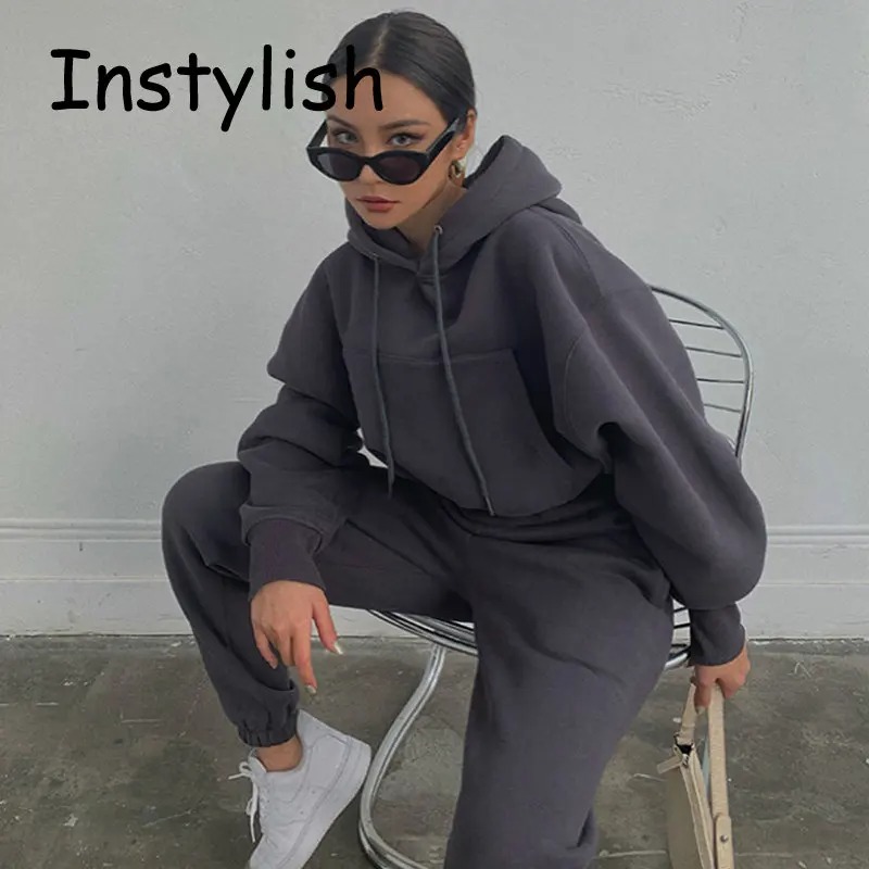 Women Fleece Two Piece Set Y2K Vintage Hoodie Sweatpants Tracksuit - Image 7