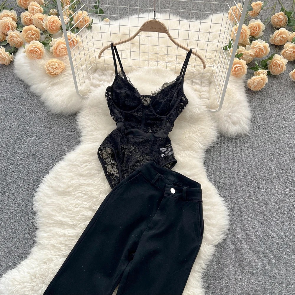 Women Lace Suspender Vest Two Piece Set High Waist Tassel Trousers - Image 5