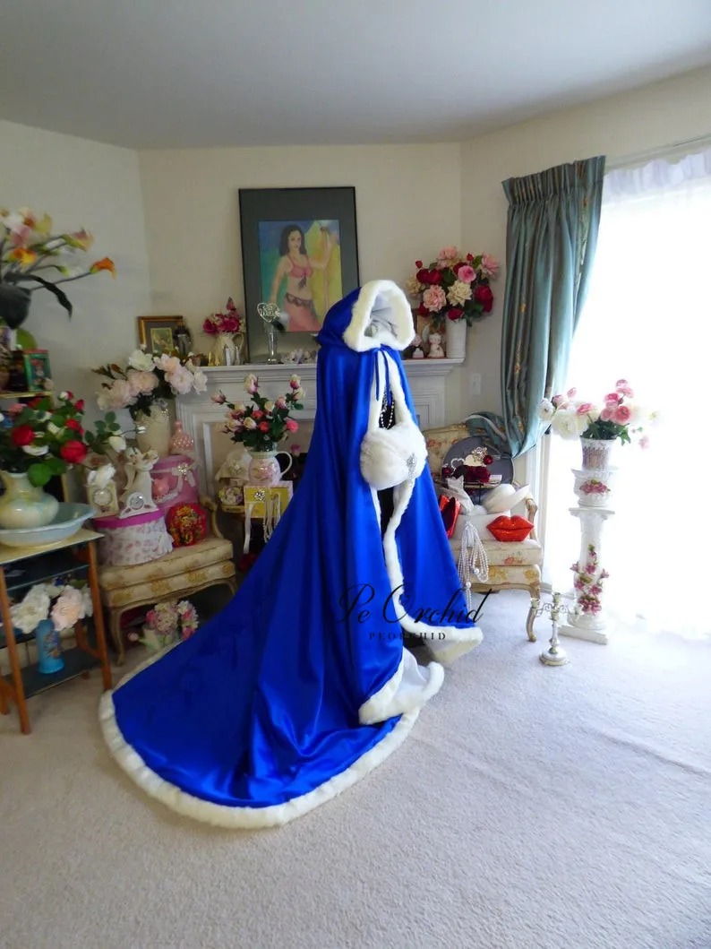 Long Satin Wedding Cape Hooded Faux Fur Bridal Cloak - Image 3