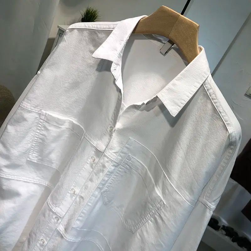 Oversized Cotton Button-Up Shirt for Women – Korean Style Pocket Blouse - Image 6