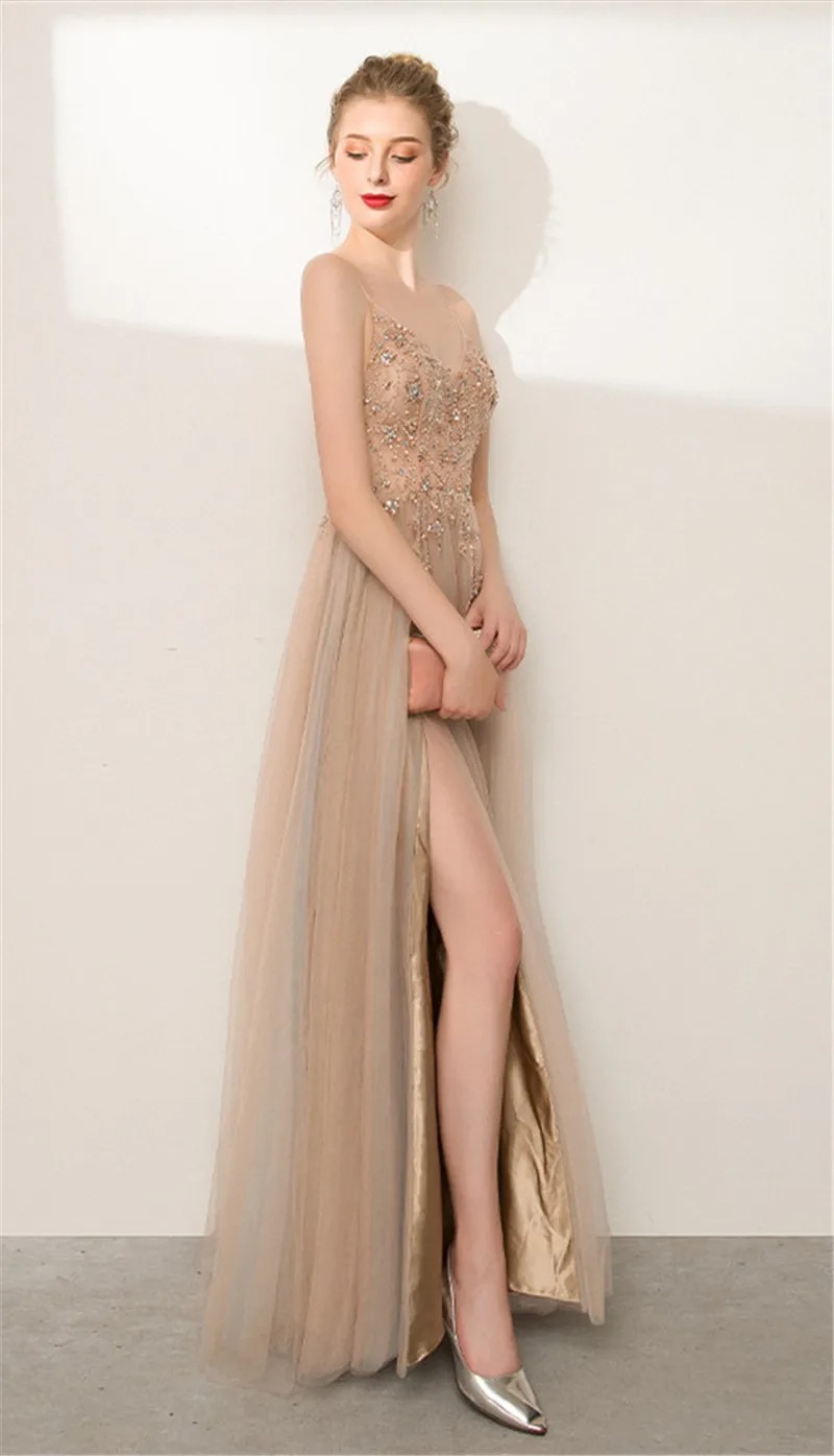 Champagne A Line Prom Dress Spaghetti Strap Sequin Gown - Image 6