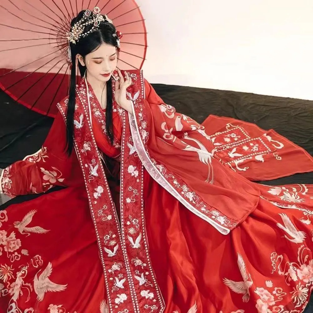 Red Hanfu Women Song Dynasty Wedding Bride Costume Xia Pei Waist Length Skirt Set - Image 3