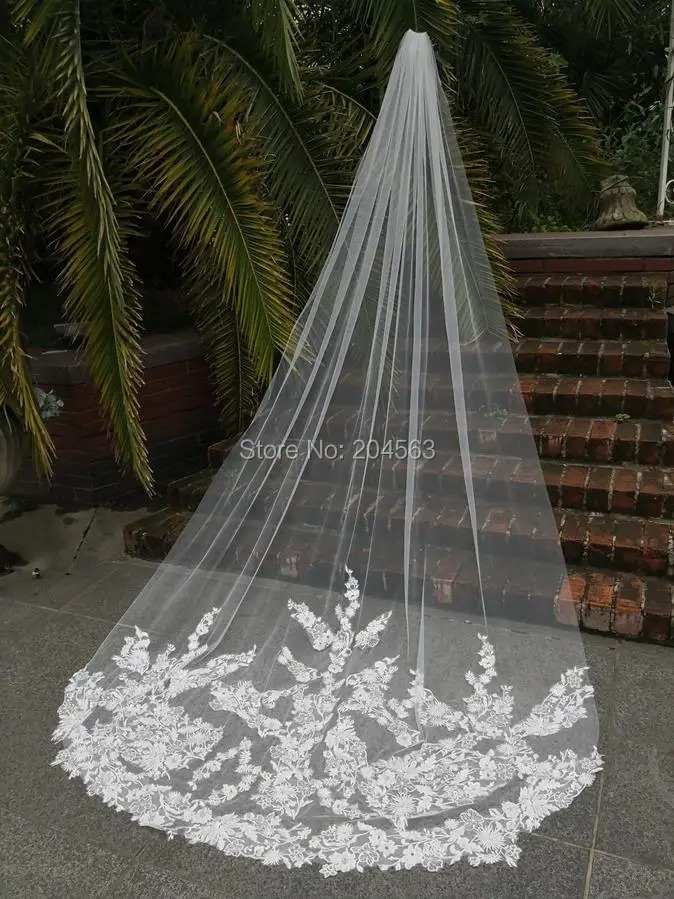 Long Lace Bridal Veil with Comb White Ivory Wedding Veil - Image 3