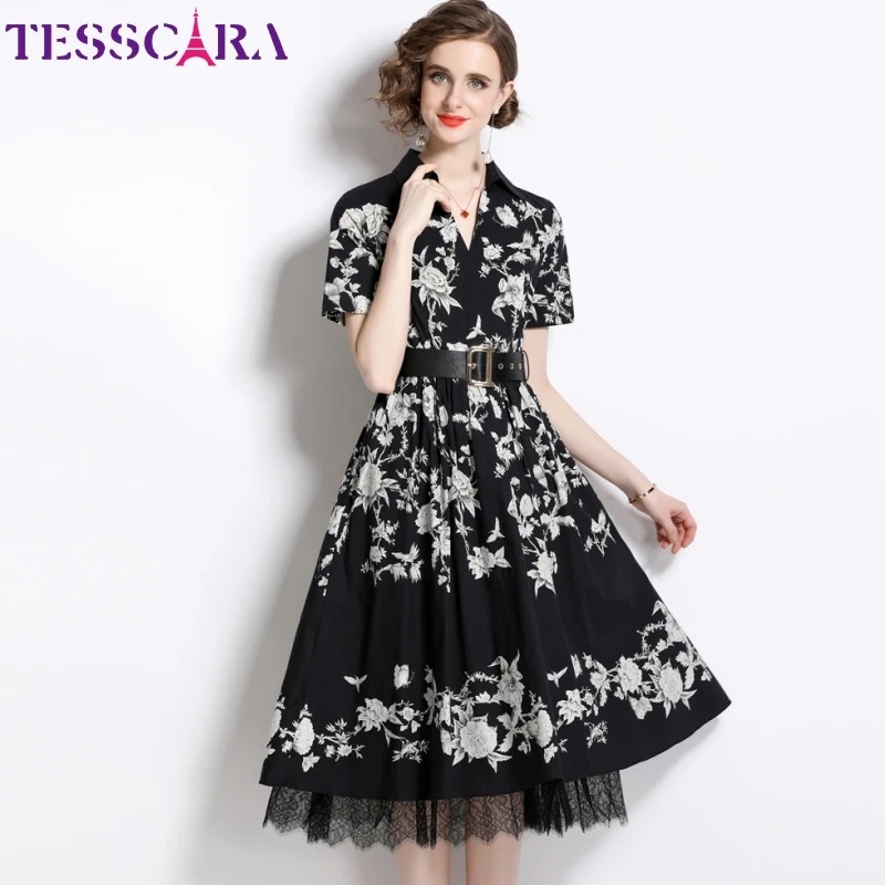 TESSCARA Women Summer Elegant Long Cocktail Party Dress Vintage Lace A Line Designer Gown - Image 2