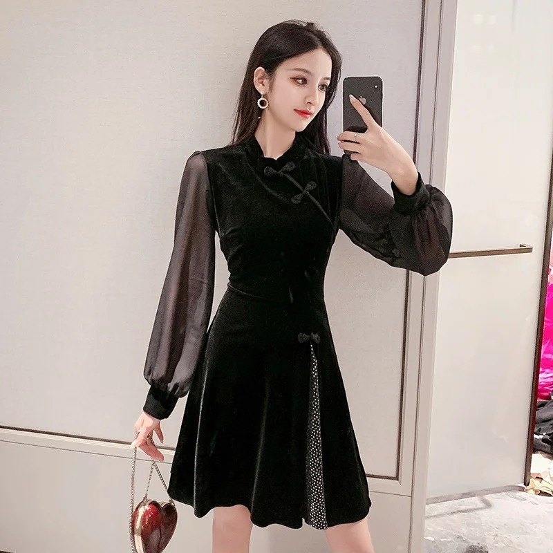 Black Qipao Elegant Chinese Dress Short Japanese Style Cheongsam Oriental Ao Dai Dress FF2790 - Image 6