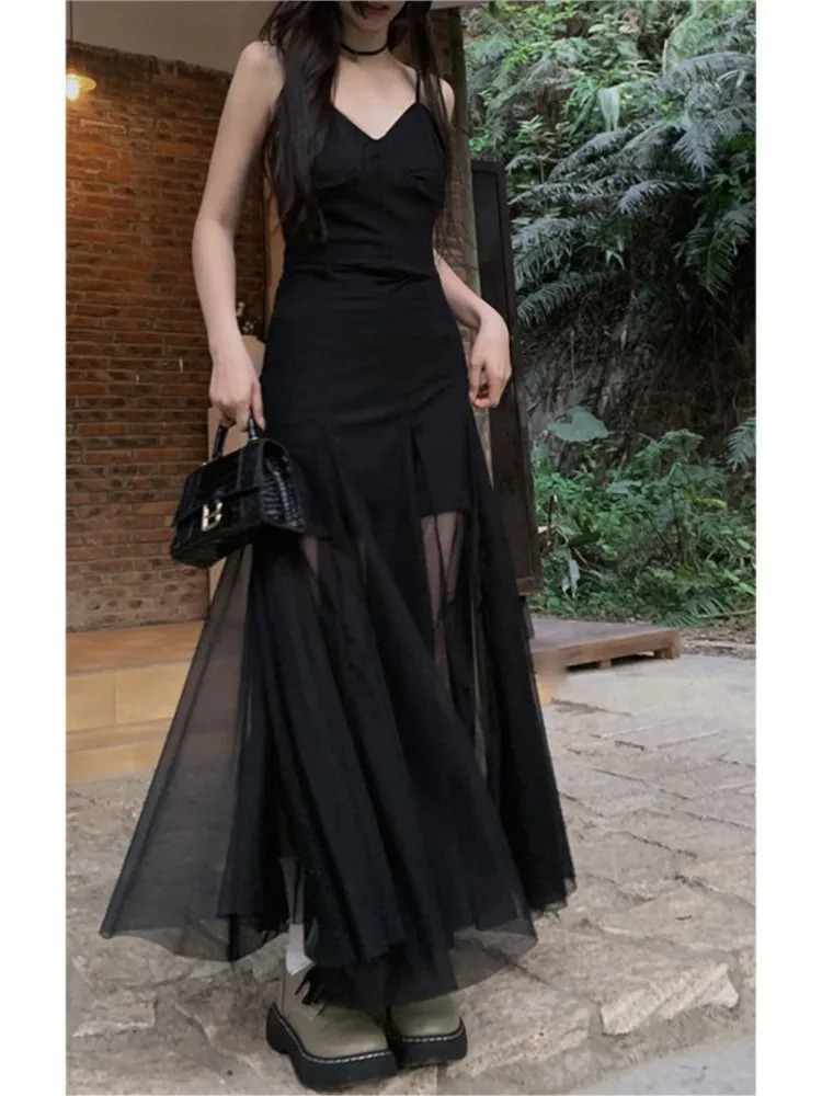 French Style Vintage Evening Dress | Spaghetti Strap Mesh Patchwork V-Neck Split Black Slim Elegant Party Dress - Image 2