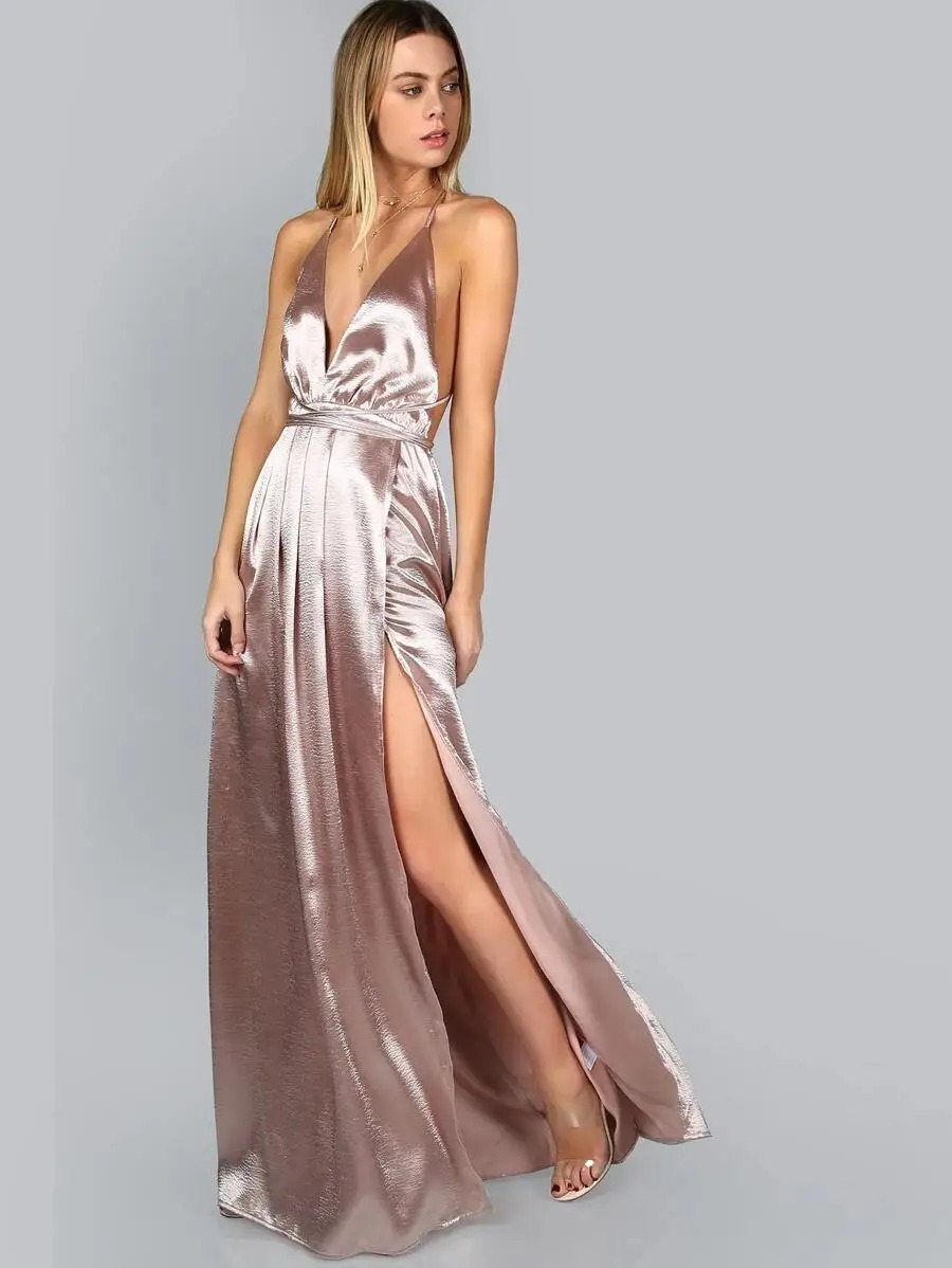 Cross Back Satin Maxi Slip Dress High Split Evening Dress - Image 2