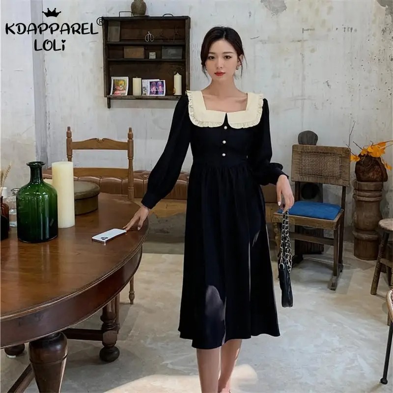 Harajuku Gothic Black Dress | Sweet Lolita Square Doll Collar Retro Hepburn Midi Palace Style Dress - Image 5