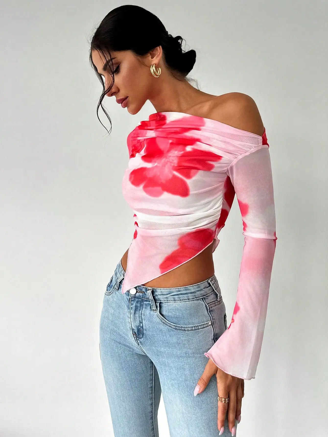 Sweet Spice Women's Mesh Print Diagonal Shoulder Long Sleeve Irregular Off-Shoulder Top - Image 4
