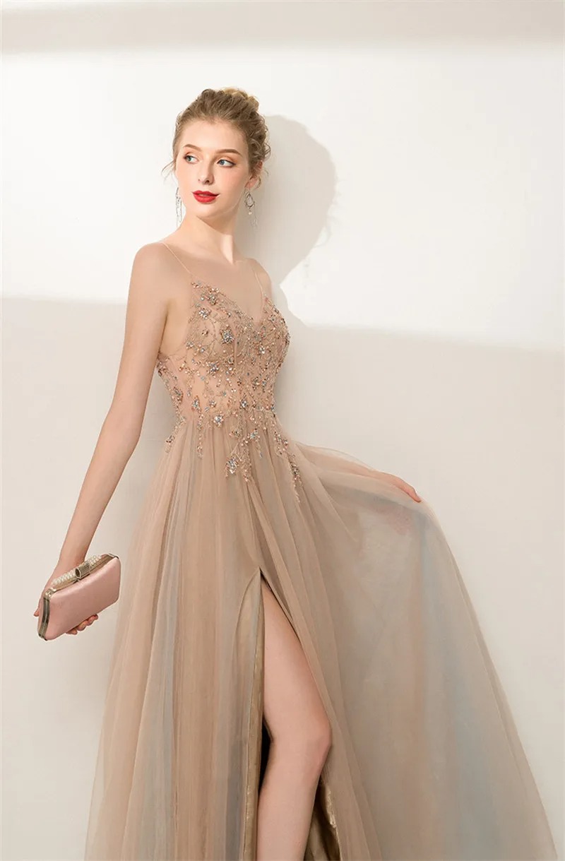Champagne A-Line Evening Dress | Spaghetti Strap Beaded Sequin Illusion Top Split Floor-Length Prom Gown - Image 3