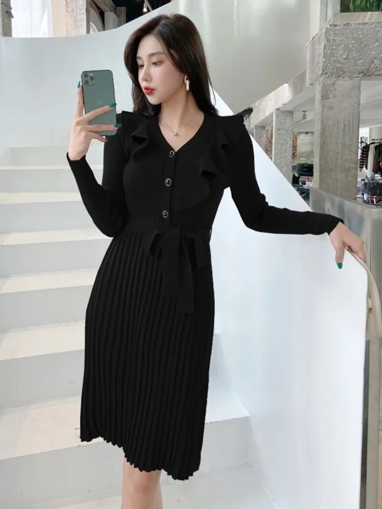 Anteef Knitted Vintage Pleated Midi Dress for Women | Long Sleeve Casual Spring Autumn Sweater Dress - Image 4