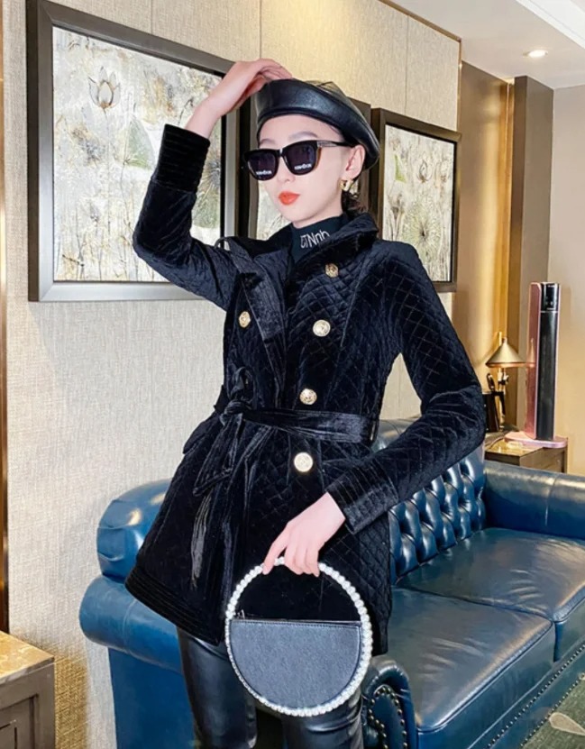 Women’s Velvet Cotton Quilted Coat – Mid-Length Plaid Black Diamond Winter Jacket - Image 5