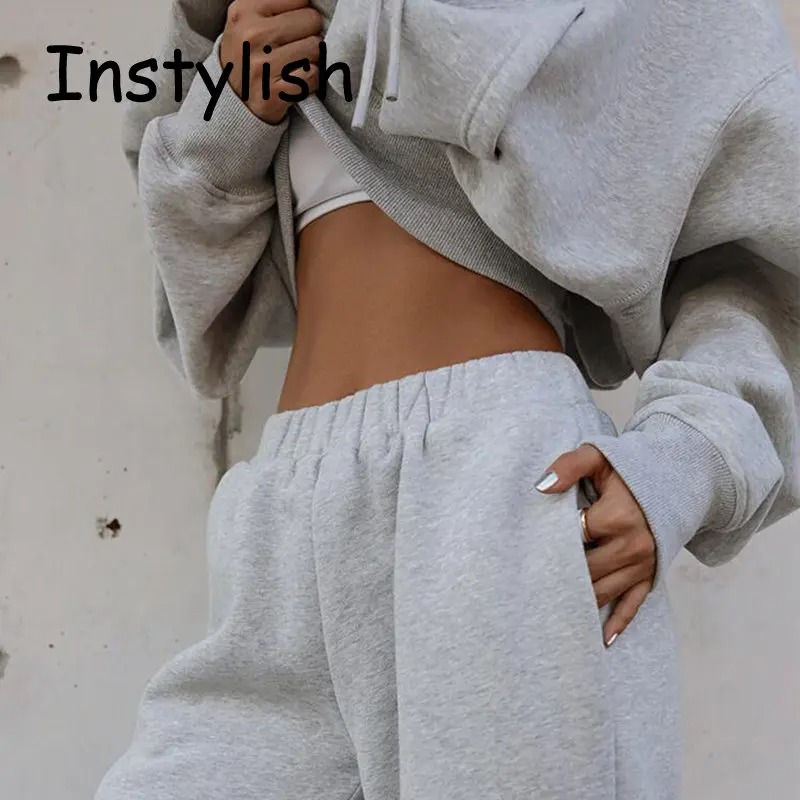Women Fleece Two Piece Set Y2K Vintage Hoodie Sweatpants Tracksuit - Image 2