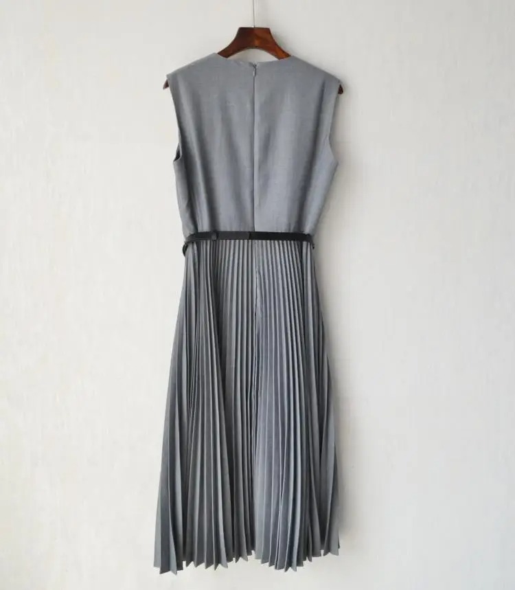 Women Summer Slim Waist Pleated Dress | Elegant Gray Sleeveless Tank Dress with Back Zipper - Image 2