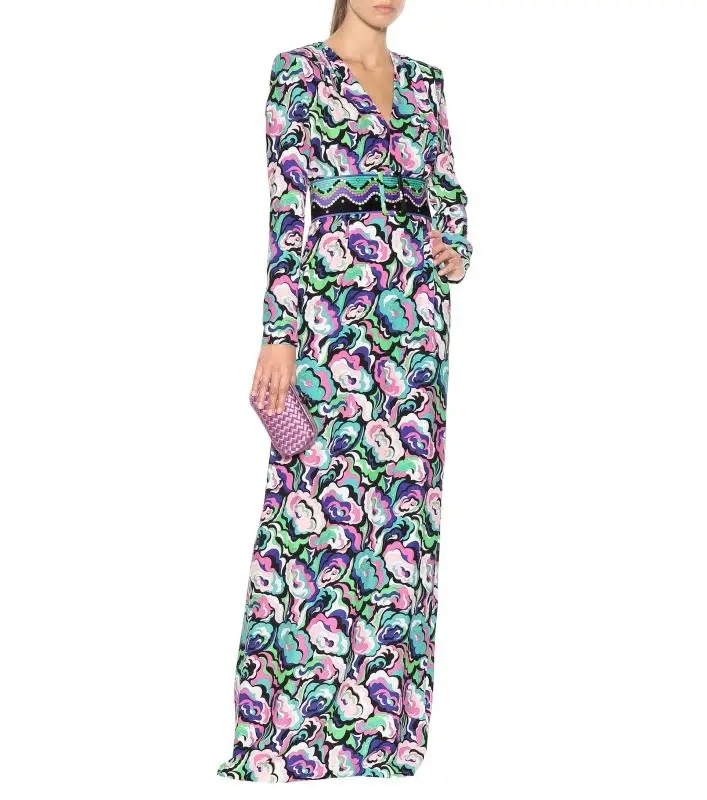Women Peony Print V-Collar Long Sleeve Slim Knitted Dress – Sexy Stretch Club Long Dress - Image 3
