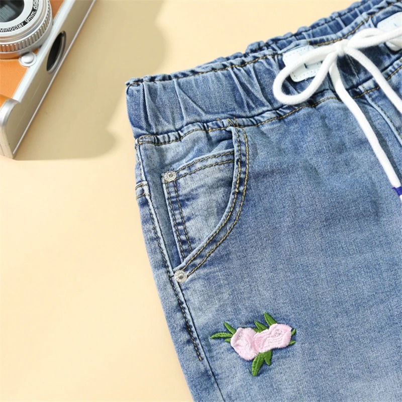 Women Spring Summer Embroidery Jeans Elastic Waist Ankle Length Denim Pants Office Casual Loose Trousers - Image 3