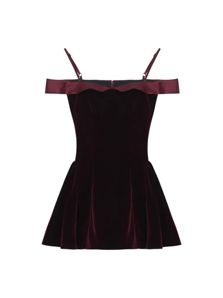 French Style 2024 Women Hepburn Mini Dress Vintage Velvet Off Shoulder Slim Party Dress - Image 4