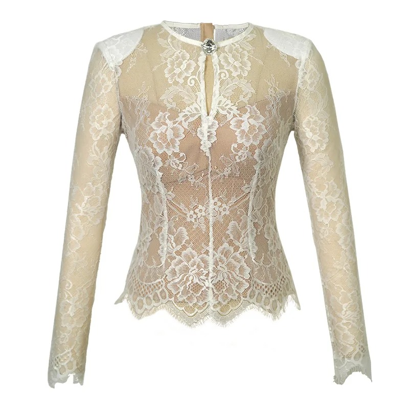 Summer Sexy Hollow Out Lace Blouse for Women – Round Neck Sheer Shirt - Image 5