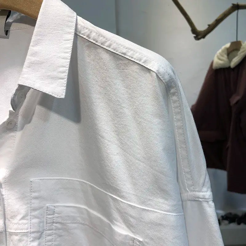 Oversized Cotton Button-Up Shirt for Women – Korean Style Pocket Blouse - Image 3