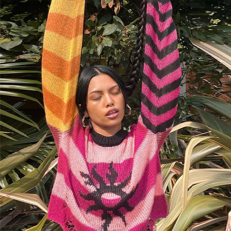 Women Striped Knitted Sweater Vintage Y2K Loose Harajuku Pullover - Image 5