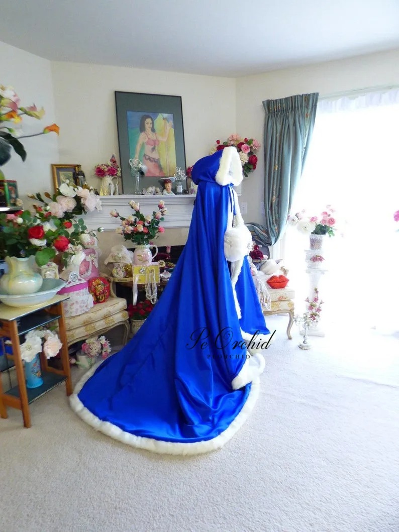Long Satin Wedding Cape Hooded Faux Fur Bridal Cloak - Image 4
