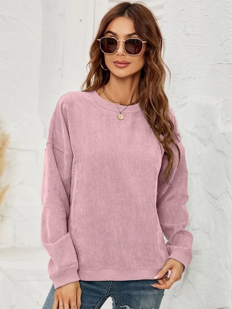 Women's Corduroy Round neck Solid Long Sleeve casual Sweatshirts Pullovers for Women - Image 5