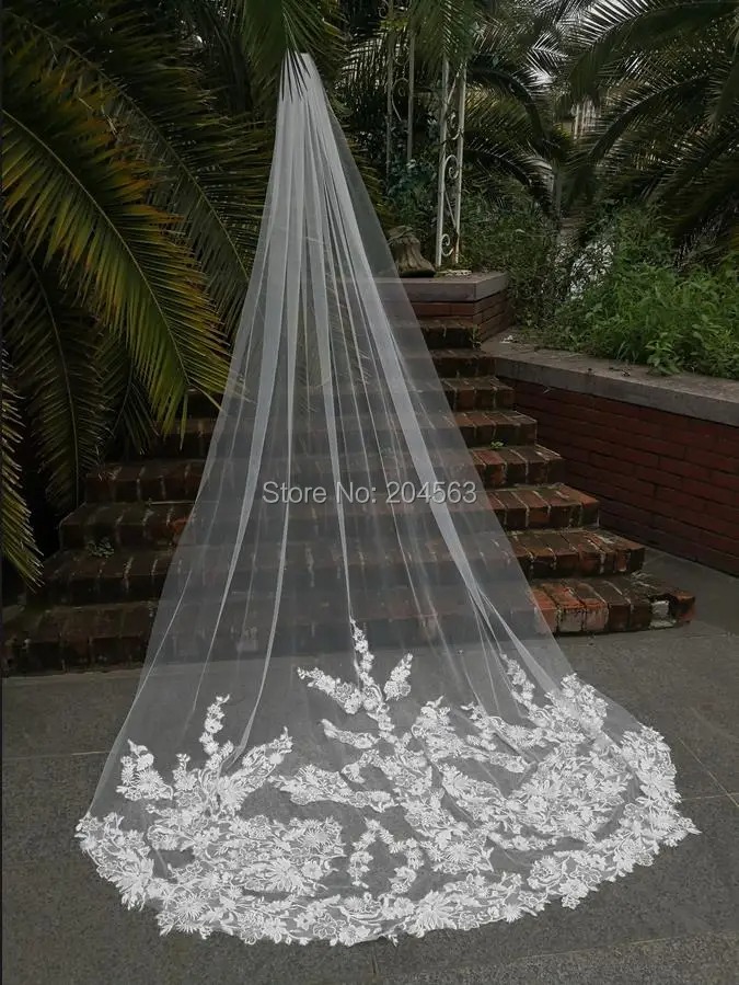 Long Lace Bridal Veil with Comb White Ivory Wedding Veil - Image 4
