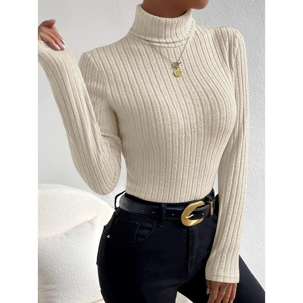 Plus Size Women’s Ribbed Knit Turtleneck Sweater 1XL–5XL – Long Sleeve Light Gray Slim Fit Pullover