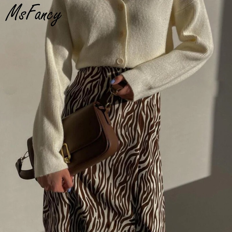 Msfancy Zebra Striped Skirt Women High Waist A Line Midi Skirt Korean Fashion - Image 6