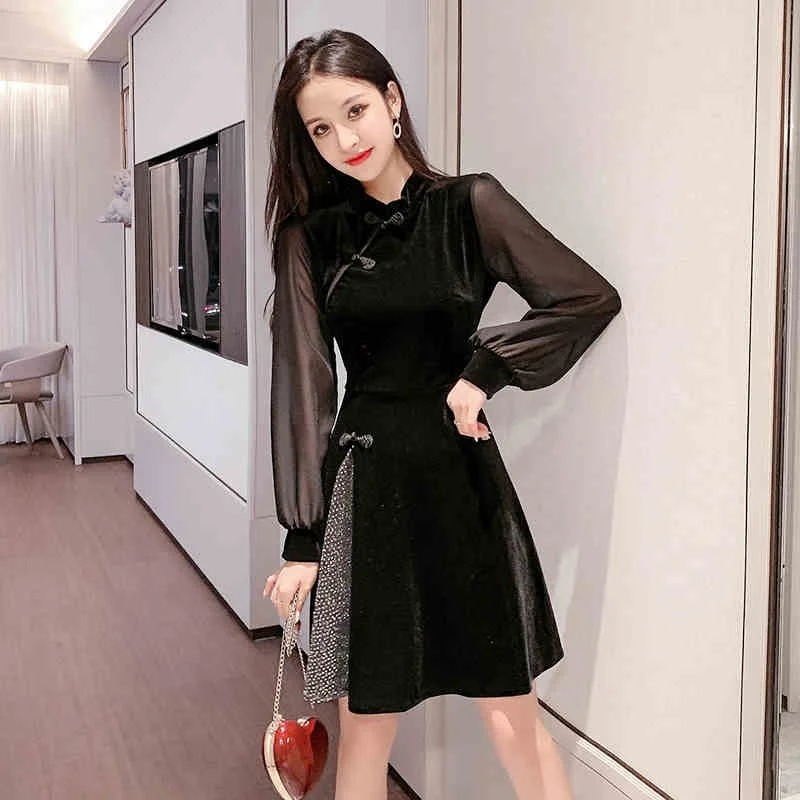 Black Qipao Elegant Chinese Dress Short Japanese Style Cheongsam Oriental Ao Dai Dress FF2790
