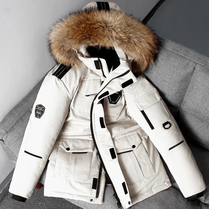 Men’s Winter Down Jacket – Hooded White Duck Down Parka with Detachable Fur Collar - Image 3