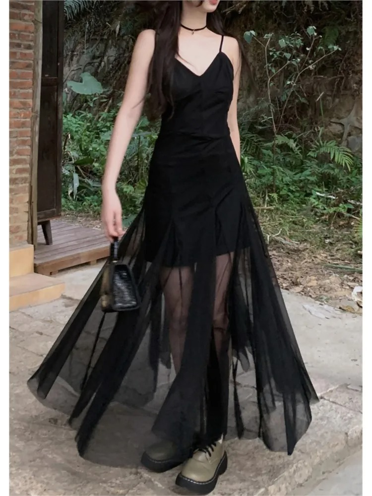 French Style Vintage Evening Dress | Spaghetti Strap Mesh Patchwork V-Neck Split Black Slim Elegant Party Dress - Image 3