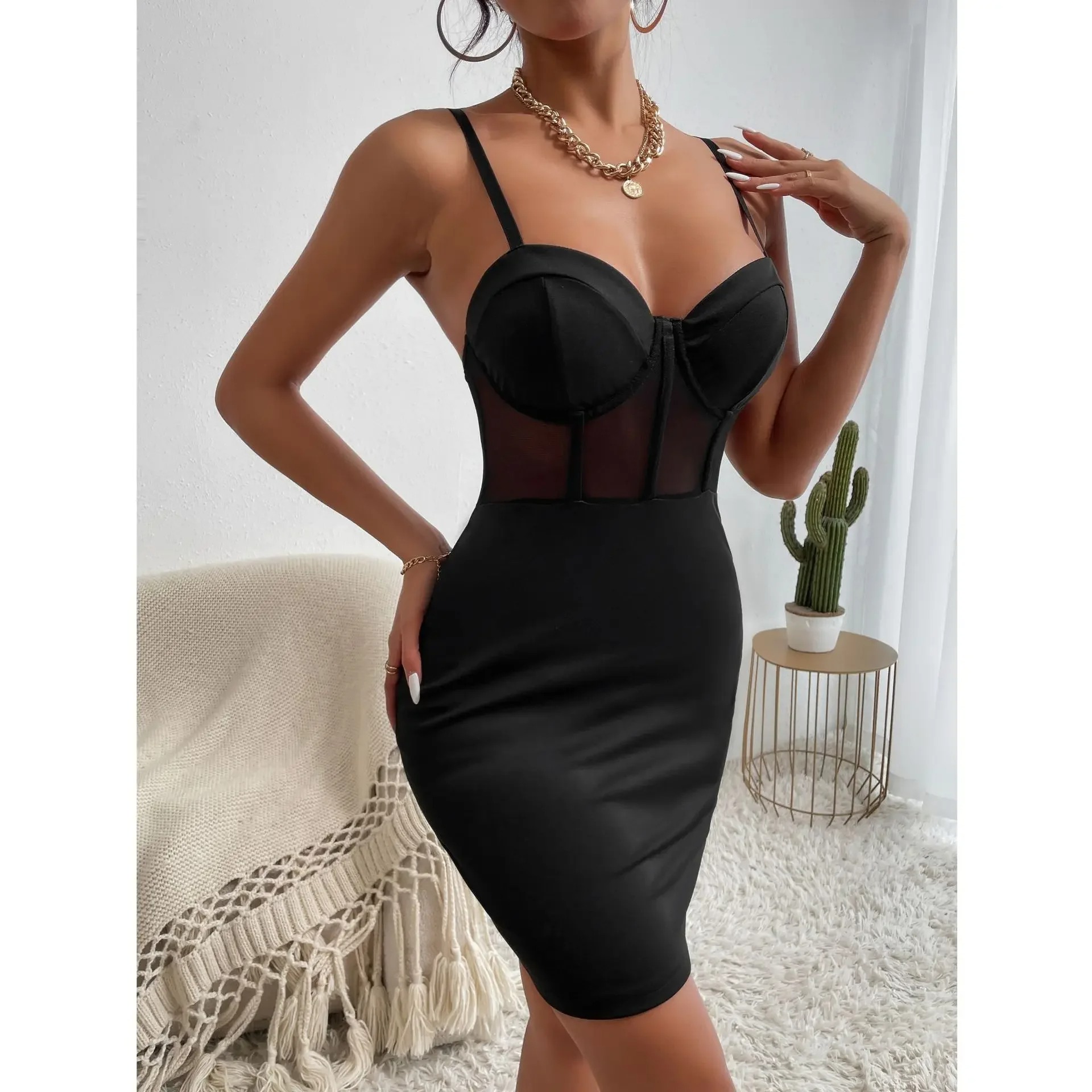 Y2K Sexy Mesh Club Dress | Hollow-Out See-Through Fishbone Halter V-Neck Slim Nightclub Party Skirt - Image 3