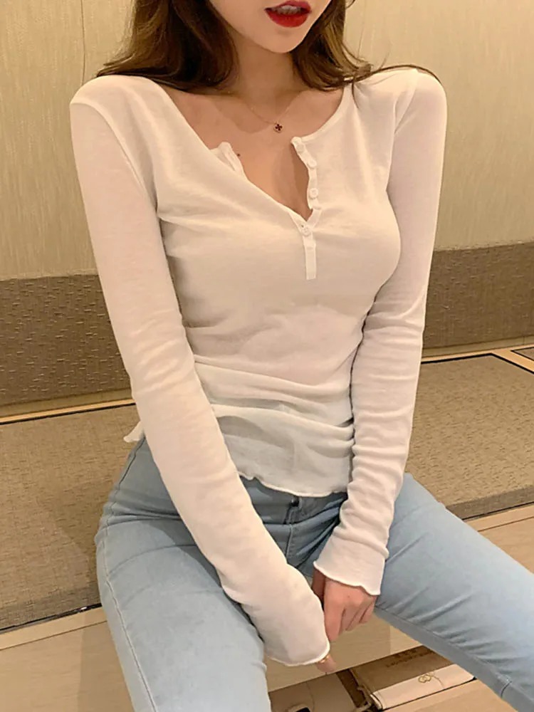 Thin Sexy Slim T-Shirt for Women – Cotton Long Sleeve Korean Fashion Autumn Top - Image 3