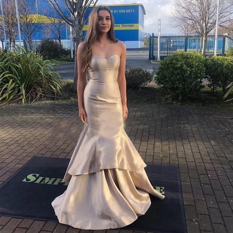 Elegant Champagne Mermaid Prom Dress | Sweetheart Neckline Tiered Skirt Long Formal Evening Party Gown - Image 4