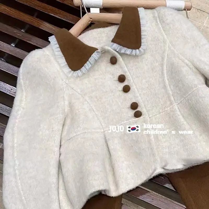 Kids Cotton Outfit Set Turn Down Collar Top Elastic Waist Pants - Image 3