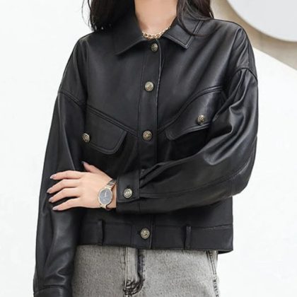 Vintage Casual PU Leather Jackets Women Turn-down Collar Cropped Loose Winter Sheepskin Coats Women 2023 Spring Thicken Outwear