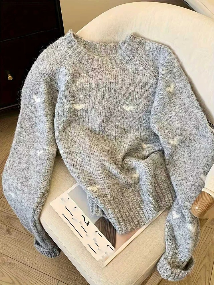 Women’s Heart Pattern Knit Sweater – Long Sleeve Round Neck Autumn Winter Pullover Top - Image 6