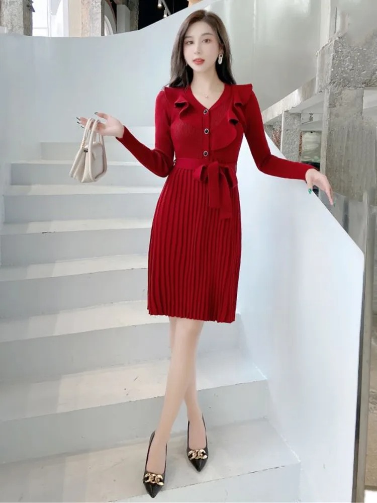 Anteef Knitted Vintage Pleated Midi Dress for Women | Long Sleeve Casual Spring Autumn Sweater Dress - Image 5