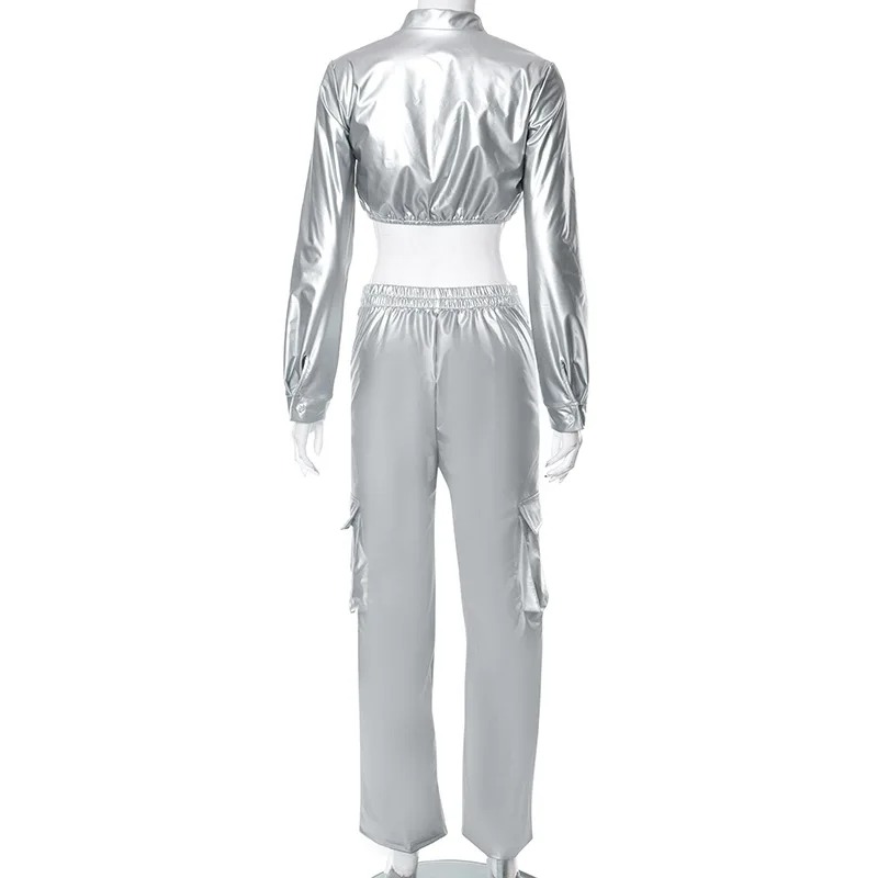 Y2K Women Two Piece Shiny Silver PU Leather Zipper Cropped Jacket Straight Pants Set - Image 2