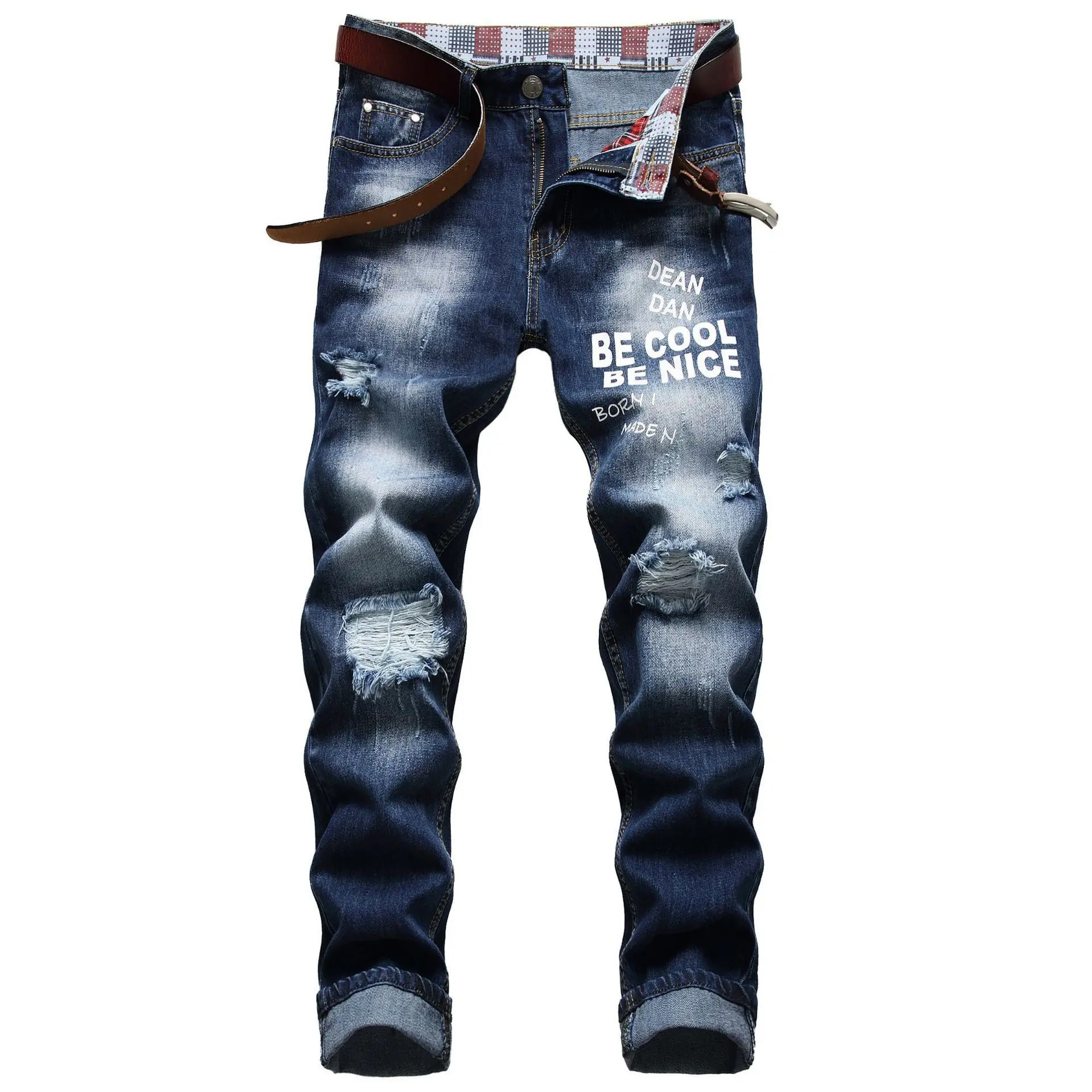 Men Summer Trend Straight Jeans Thin Blue Printed Casual Elastic Denim - Image 2