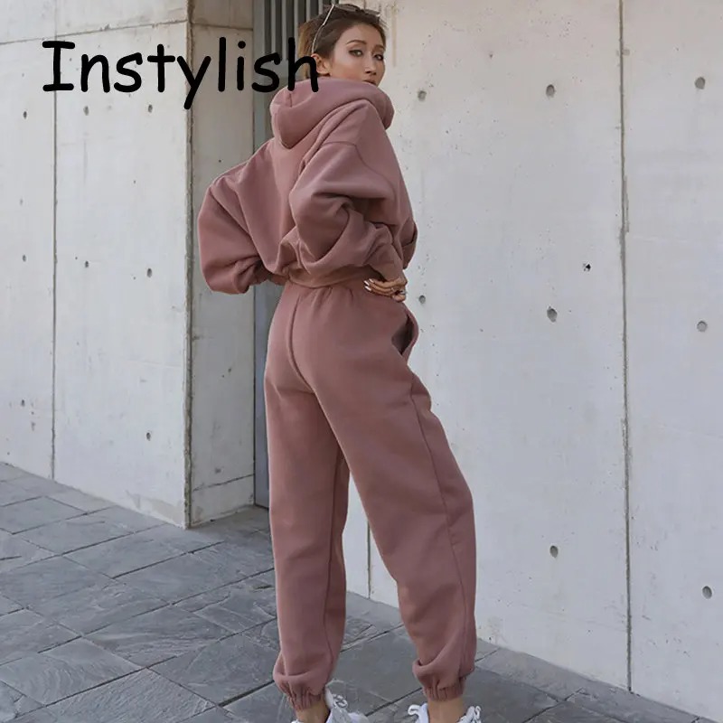 Women Fleece Two Piece Set Y2K Vintage Hoodie Sweatpants Tracksuit - Image 3