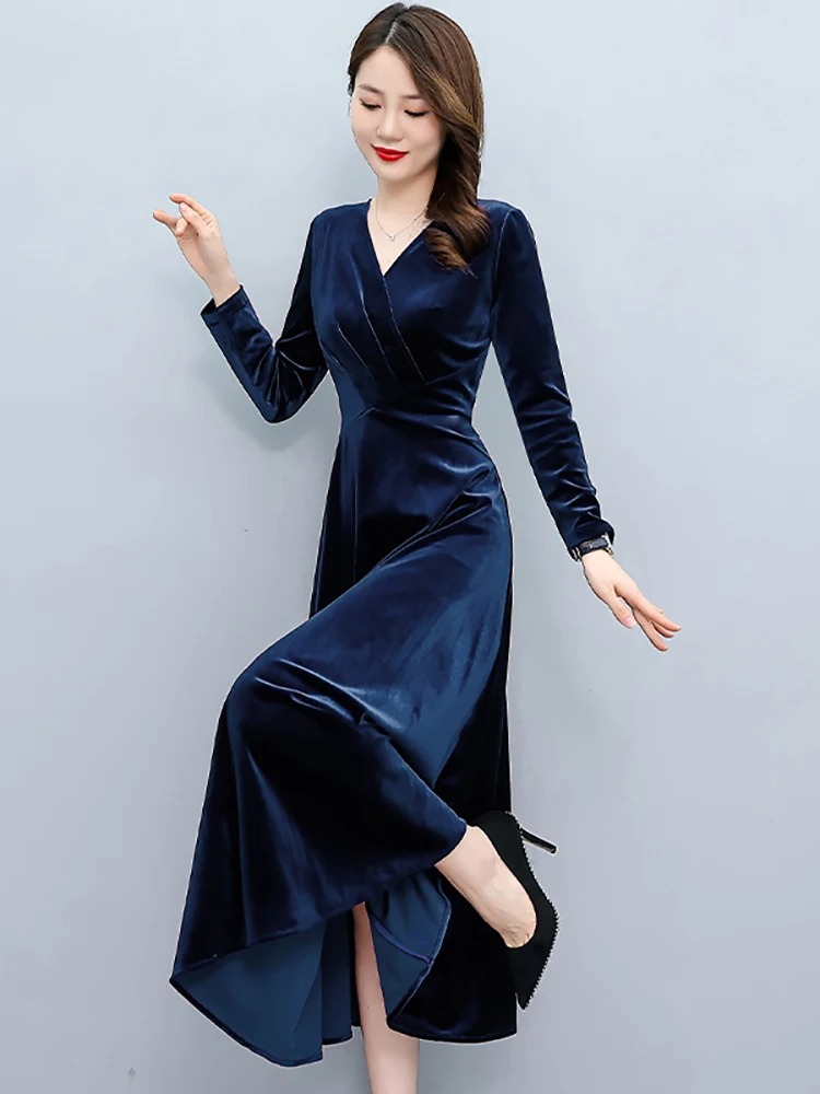 2024 Vintage Women Velvet Midi Dress Long Sleeve Elegant Bodycon Party Night Autumn Winter Dress - Image 2