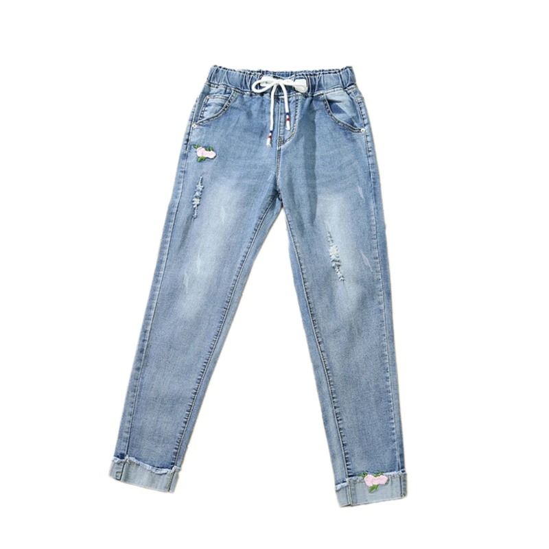 Women Spring Summer Embroidery Jeans Elastic Waist Ankle Length Denim Pants Office Casual Loose Trousers - Image 4