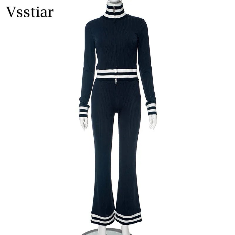 Women Knitted Two Piece Set Striped Crop Top Flare Pants Winter Outfit - Image 5