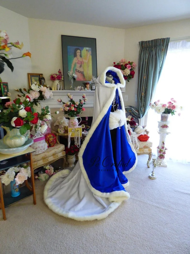 Long Satin Wedding Cape Hooded Faux Fur Bridal Cloak - Image 2