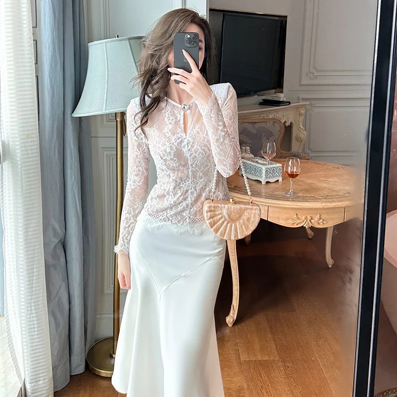 Summer Sexy Hollow Out Lace Blouse for Women – Round Neck Sheer Shirt - Image 3